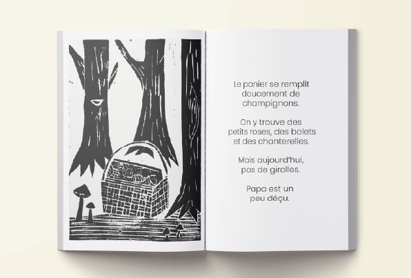 Les champignons - Histoire de famille, livre jeunesse illustré à la linogravure.