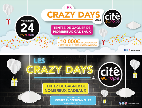 Conception graphique d'un kit digital adapté aux différents réseaux à l'occasion des Crazy Days Cité Europe