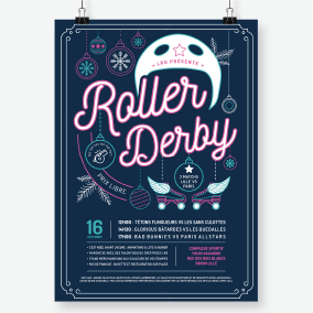 Réalisation d'une affiche pour le Triple Header Lomme Roller Girl vs Paris Roller Girls. Affiche déclinée en bannières pour les réseaux sociaux, et du merchandising.